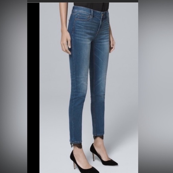WHBM Skinny Ankle Jeans with Black Lace at Hem 0 - Picture 1 of 14